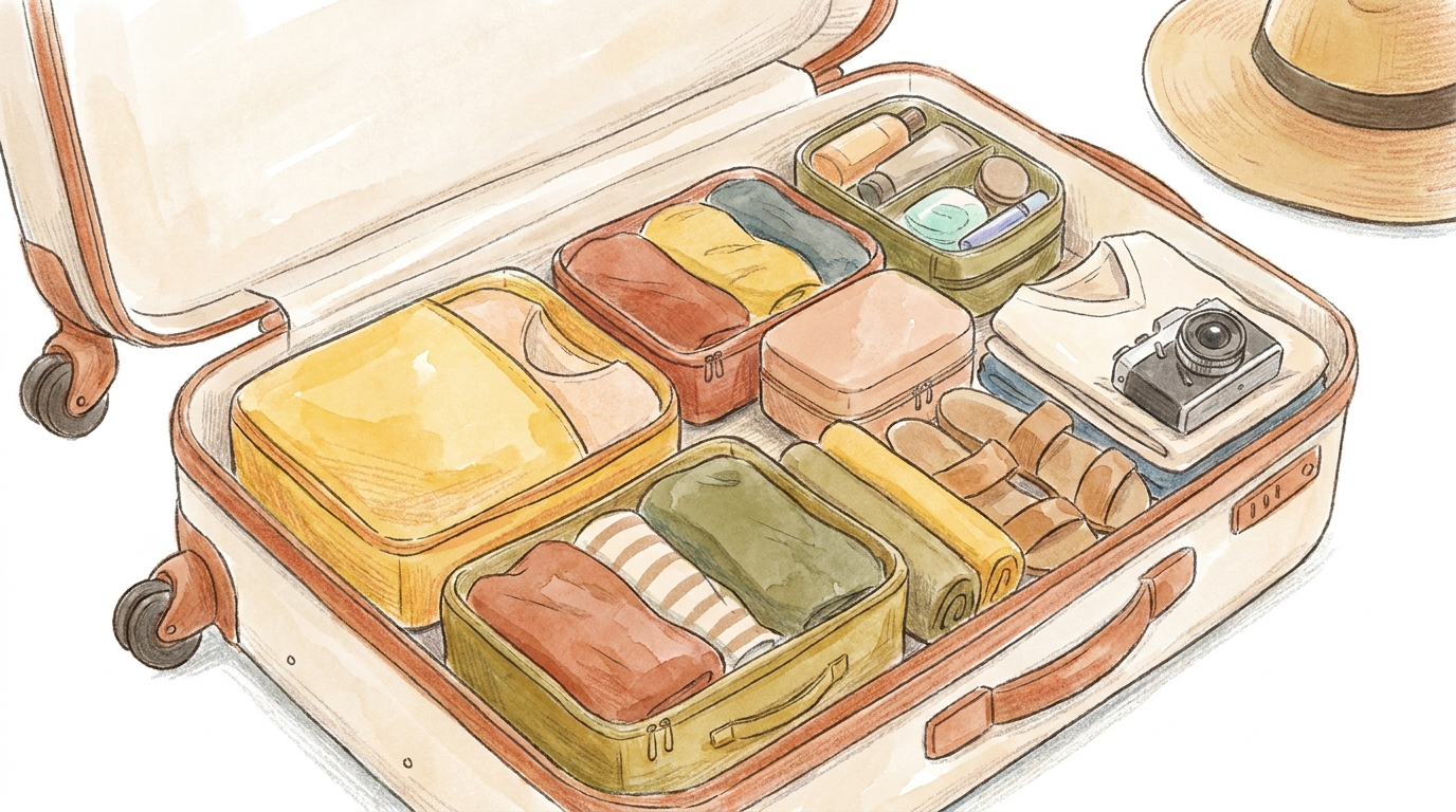 Open carry-on suitcase neatly packed with packing cubes and organisers
