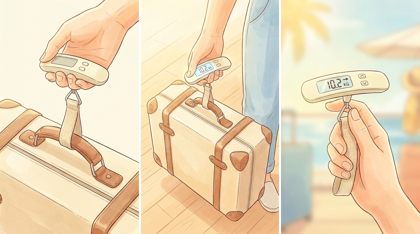 How to use a handheld digital luggage scale, strap attached and bag lifted clear of the floor