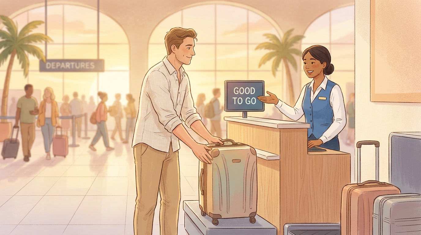 Relaxed traveller checking in luggage at the airport with no excess baggage surprise