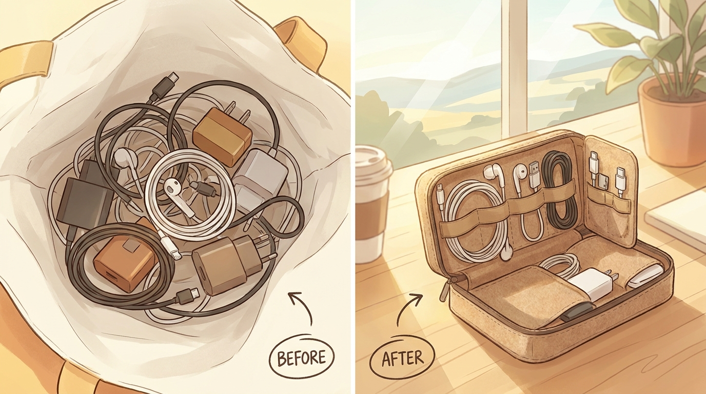 Tangled loose cables compared with the same cables neatly stored in a compartmentalised organiser