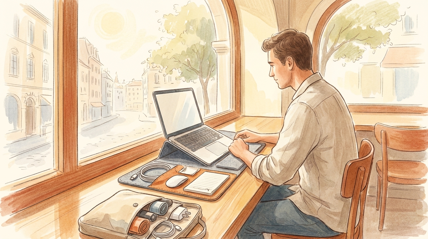 Traveller working from a cafe with a laptop on a portable workspace organiser