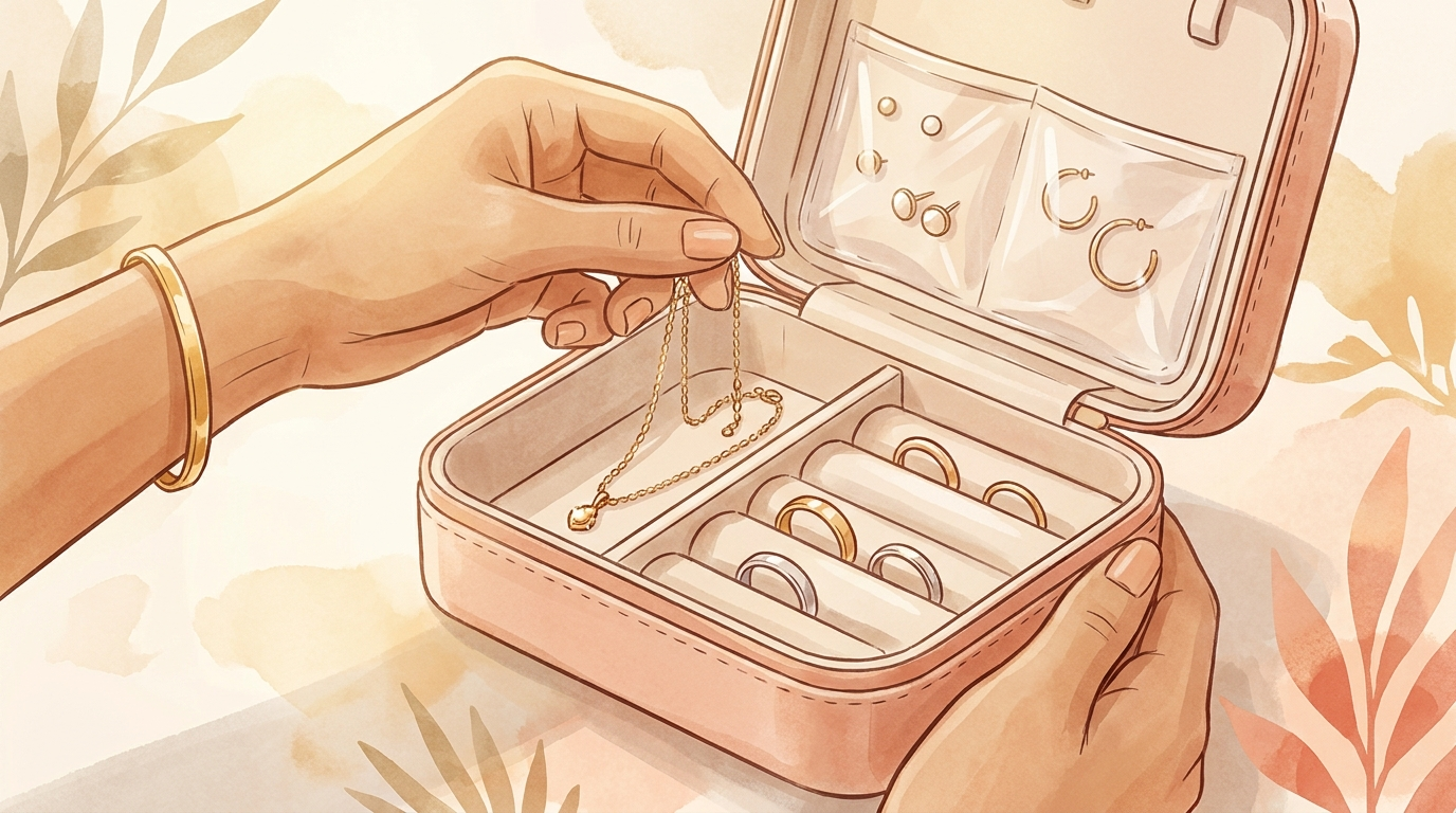 Hands placing a necklace into the padded slot of a travel jewellery case, rings and earrings separated