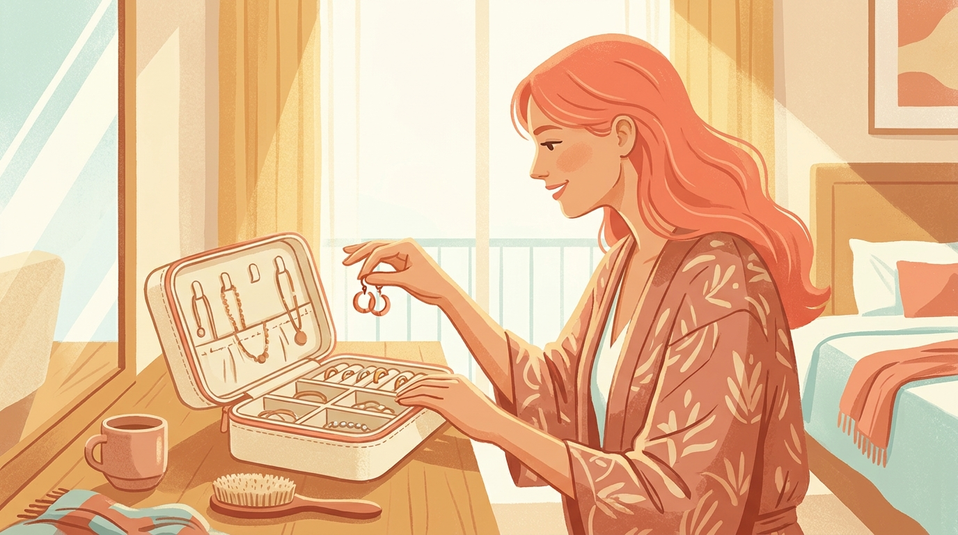 Woman selecting earrings from her open travel jewellery case in a hotel room