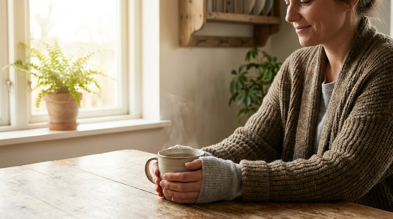 Woman in her 40s relaxing with a warm drink in natural morning light