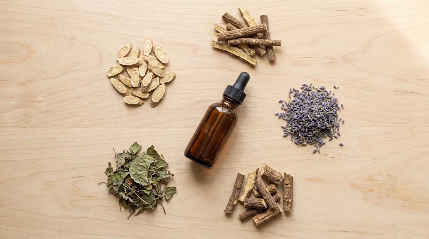 Dried adaptogenic herbs and an amber dropper bottle used in adrenal support supplements