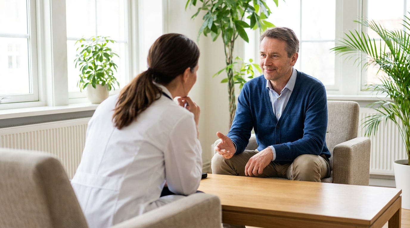 Patient and doctor having a supportive conversation about persistent fatigue symptoms