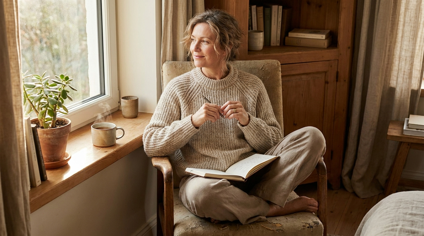 Woman journaling by a sunny window while sorting out what's behind her fatigue