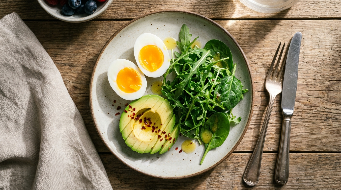 Balanced breakfast plate with eggs, avocado, and greens