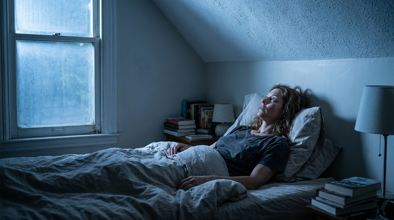 Woman lying awake at night, unable to wind down