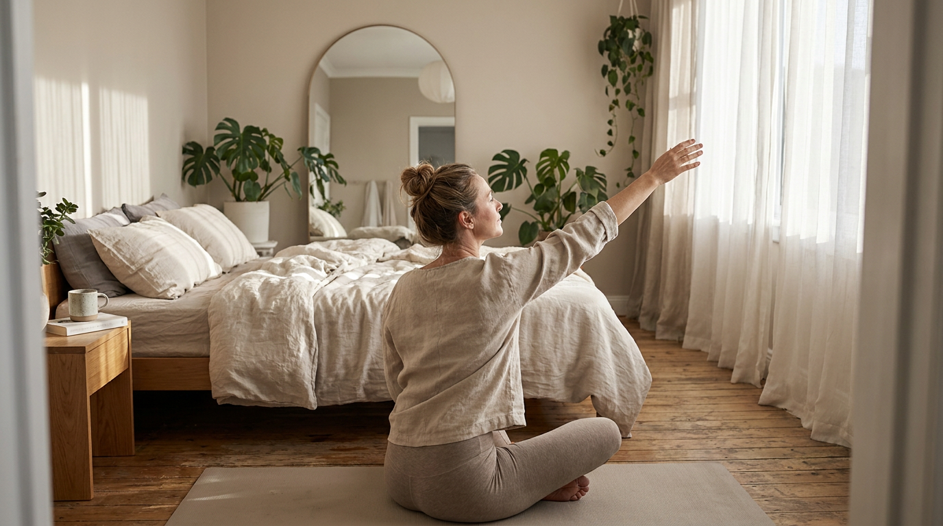 Woman doing a calm morning stretch as part of a stress management routine