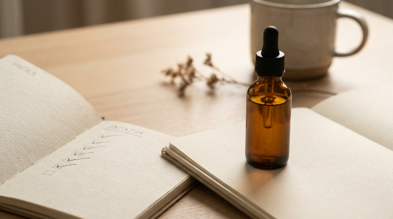 Liquid herbal tincture bottle next to a calendar representing daily consistency over several weeks