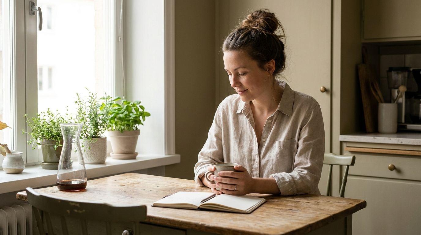 Woman reviewing her daily wellness routine in a planner