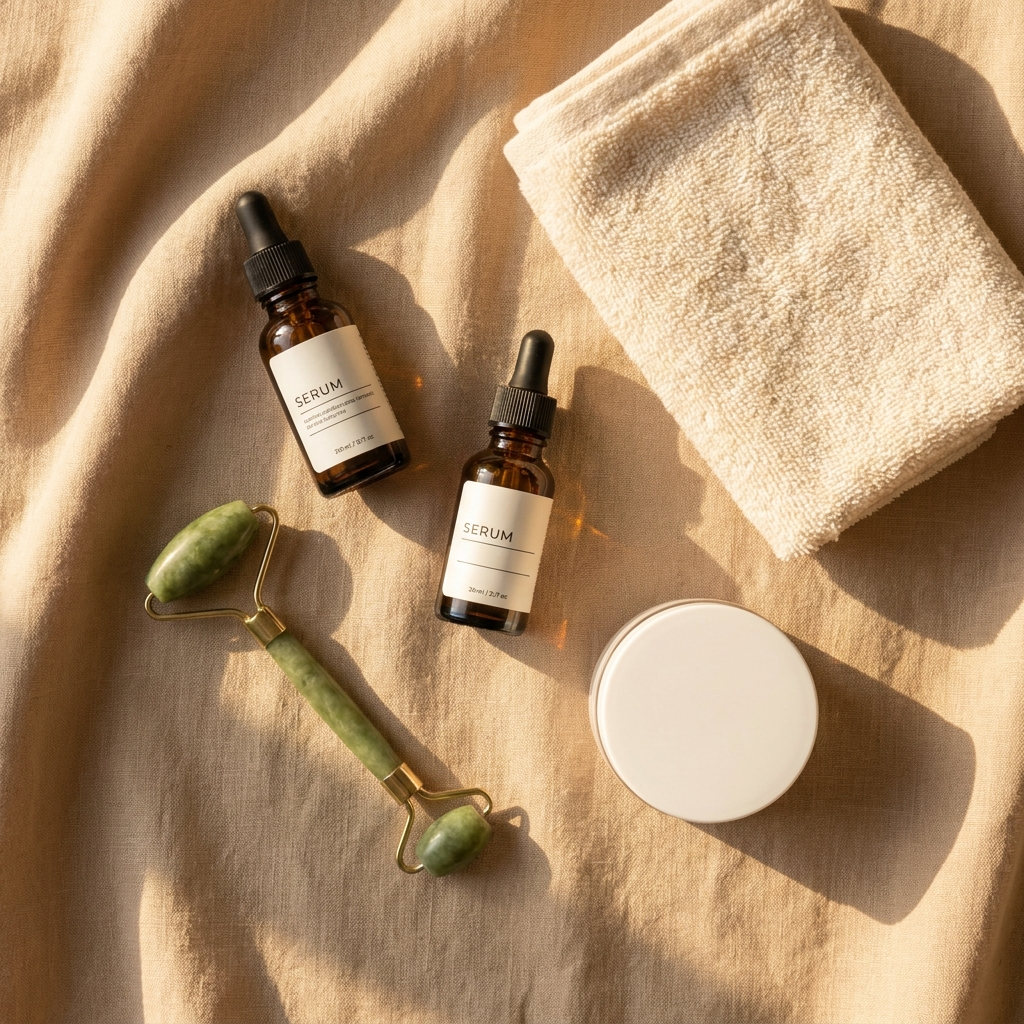 Flat lay of premium med spa skincare products