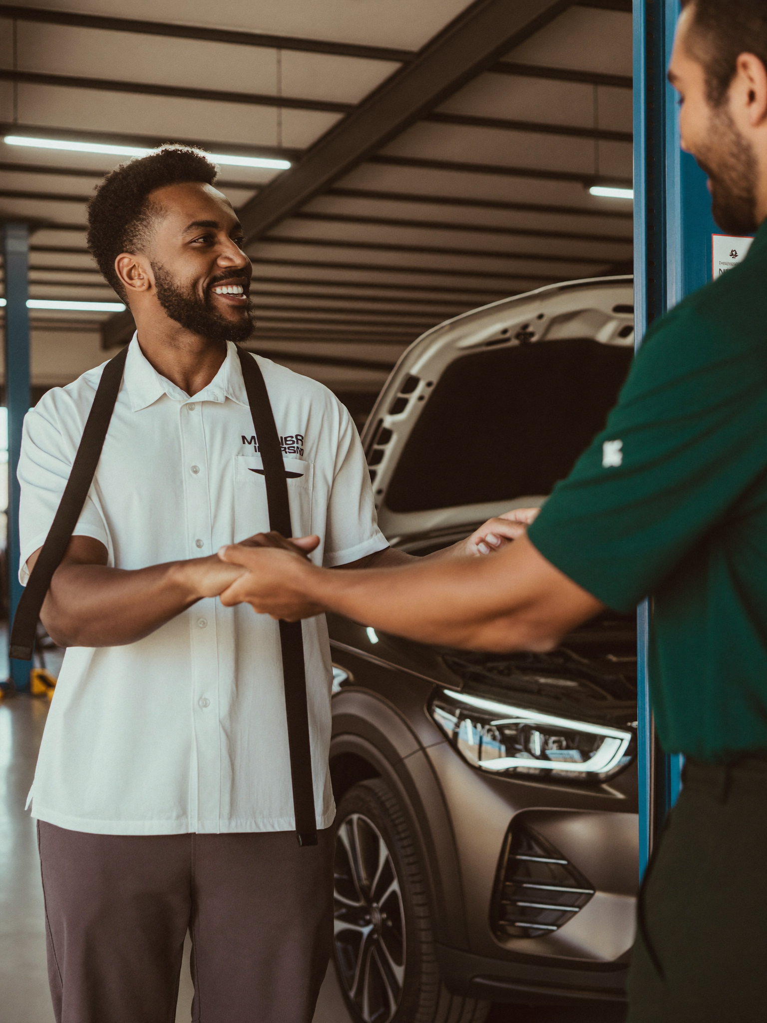 Auto mechanic with a happy customer