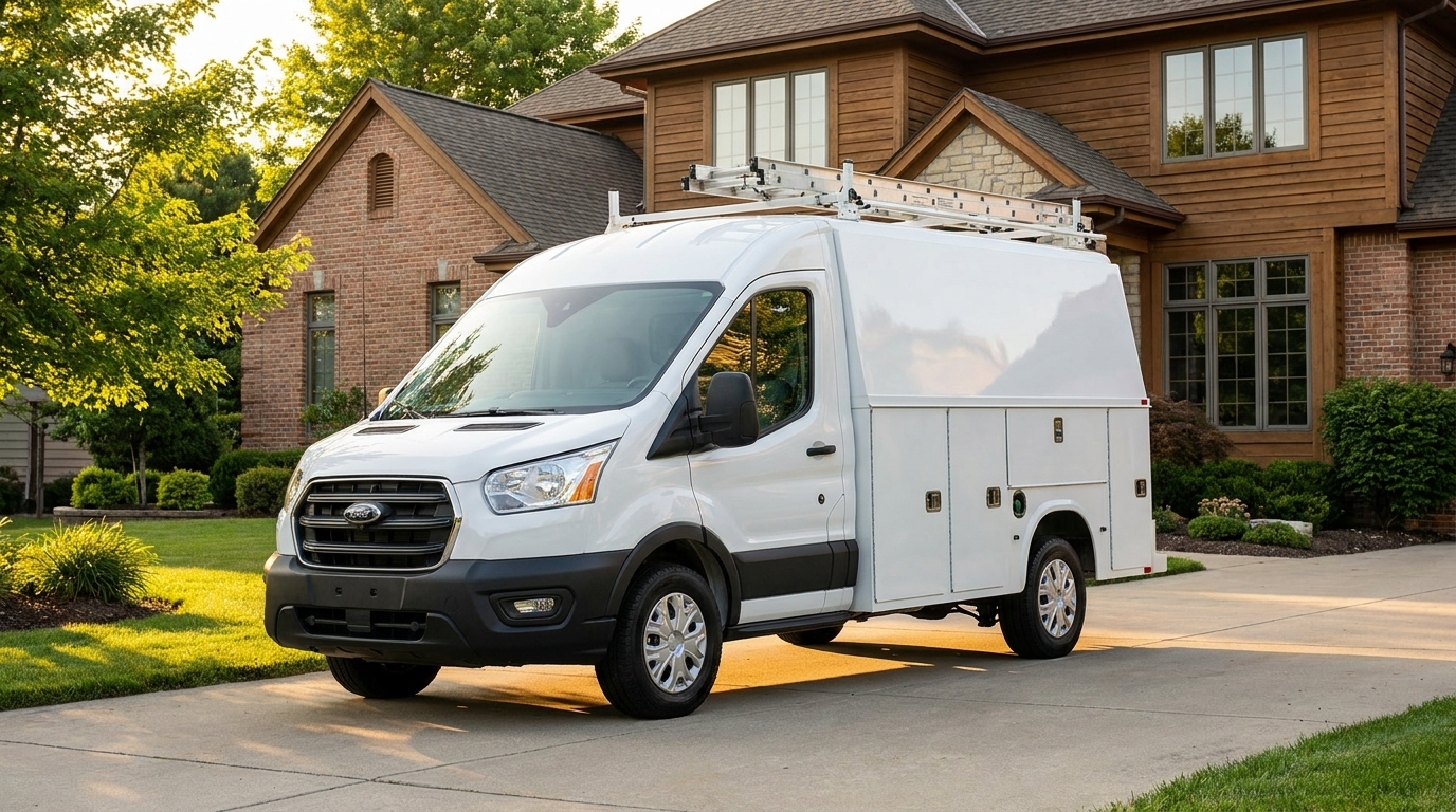 Clean HVAC and plumbing service van at a home