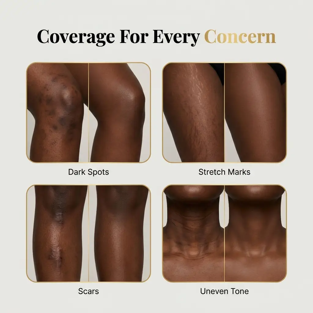 MAEVEN covers dark spots, stretch marks, scars and uneven tone on melanin-rich skin