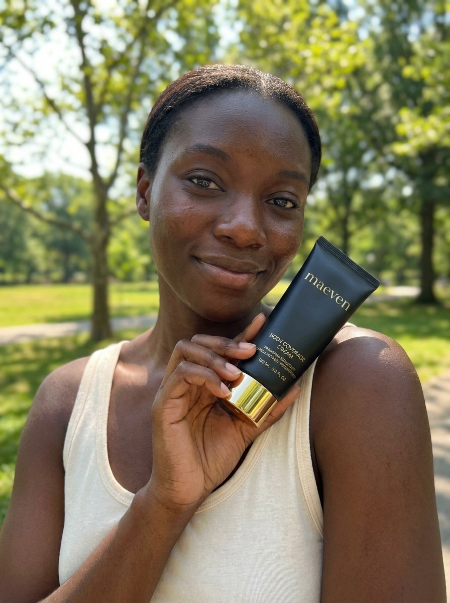 Woman with flawless even-toned skin holding MAEVEN Body Coverage Cream