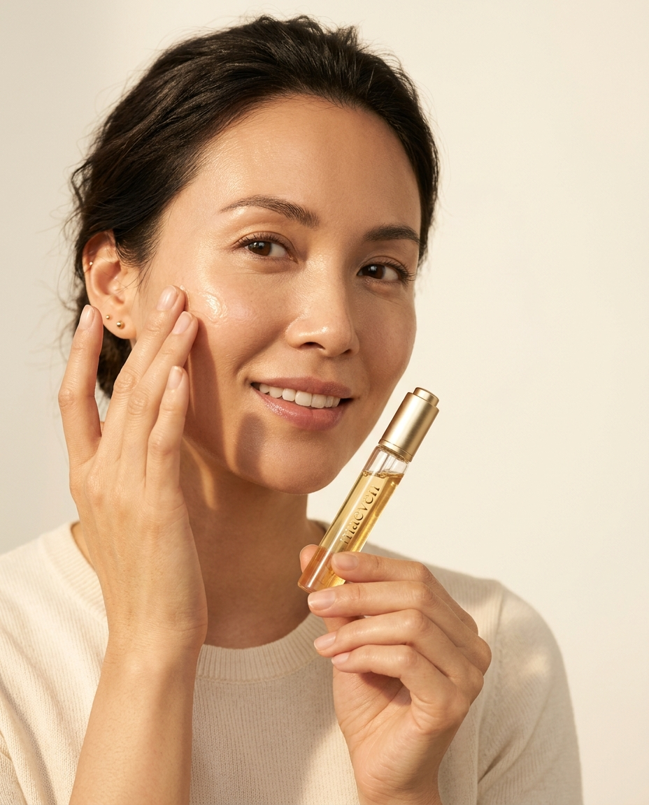 Customer applying MAEVEN Gold Lift Serum