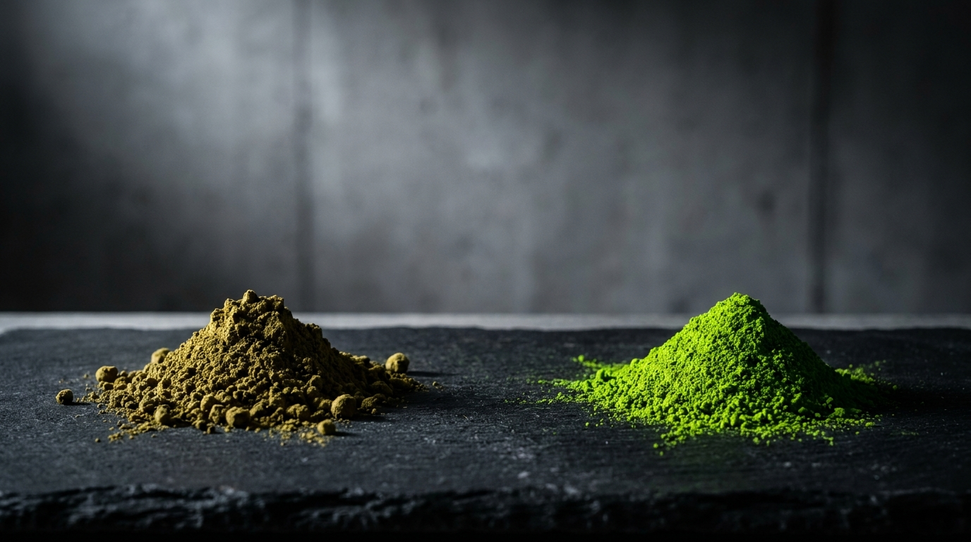 Side by side comparison of dull yellowish low-quality matcha powder next to vivid electric-green first-harvest matcha on a dark surface