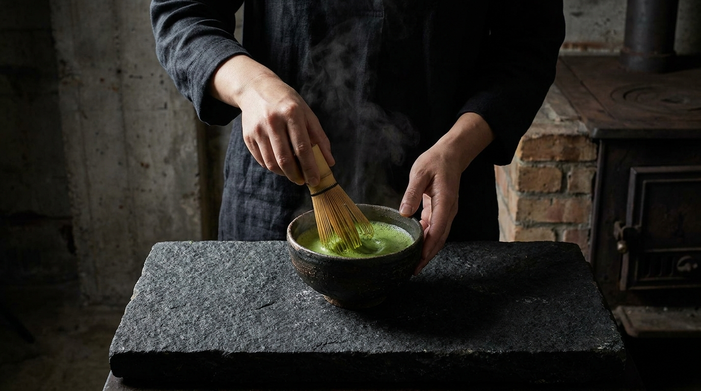 Vivid green ceremonial matcha being whisked in a dark ceramic bowl with a bamboo whisk on a stone surface