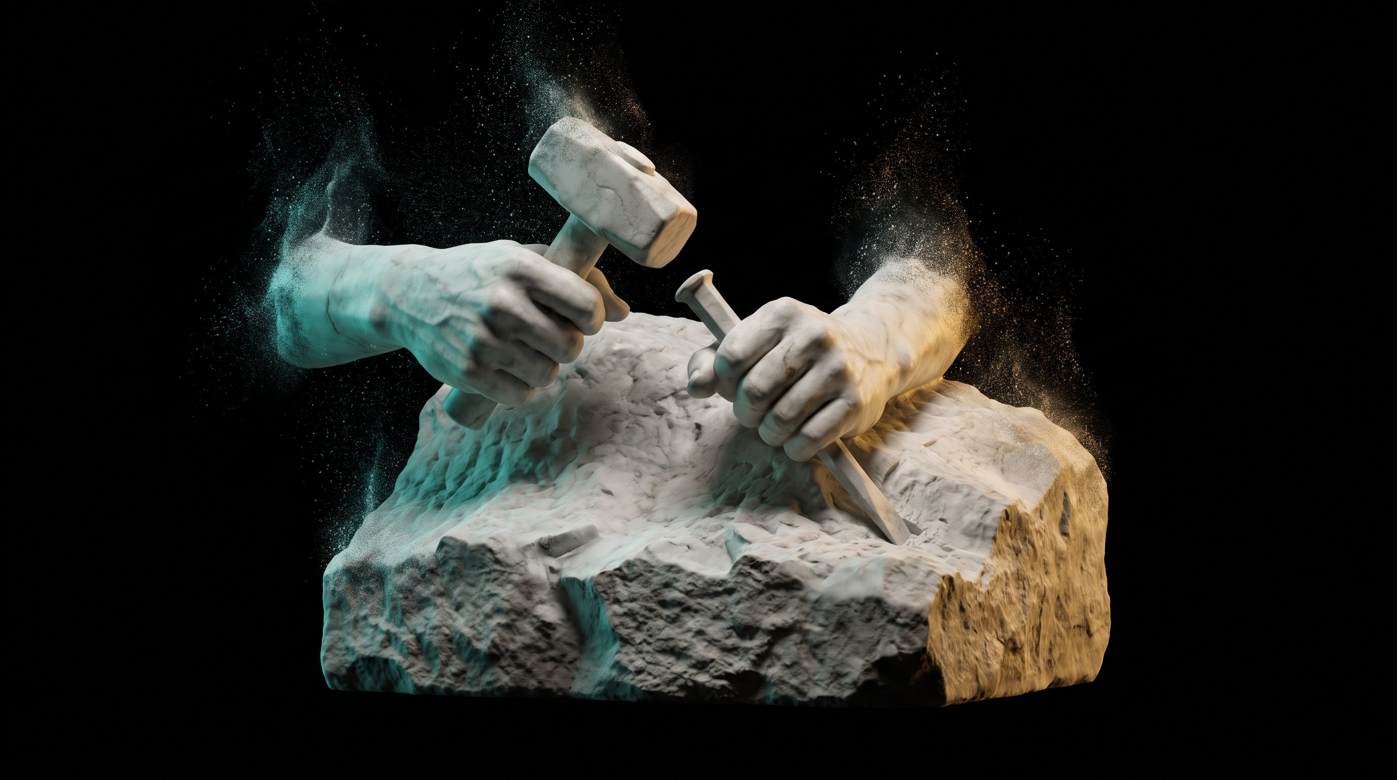 Marble hands carving, dissolving into light
