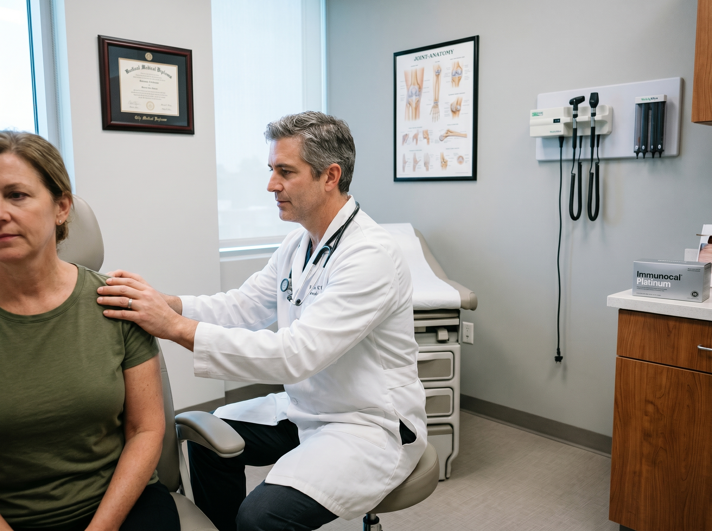 A doctor examines Linda's shoulder at his US practice while an Immunocal Platinum box sits on the counter