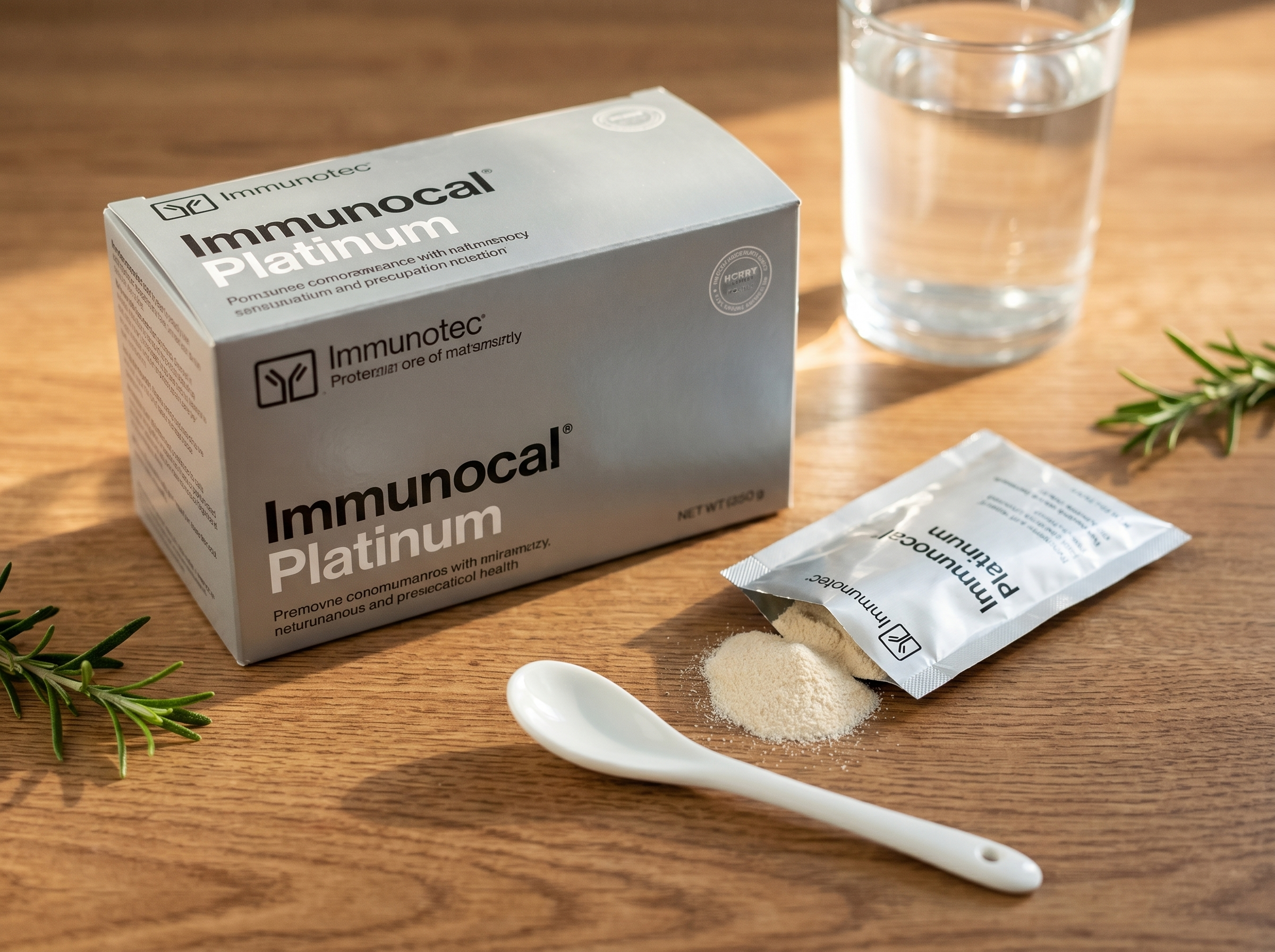 Immunocal Platinum box and sachet on a wooden countertop