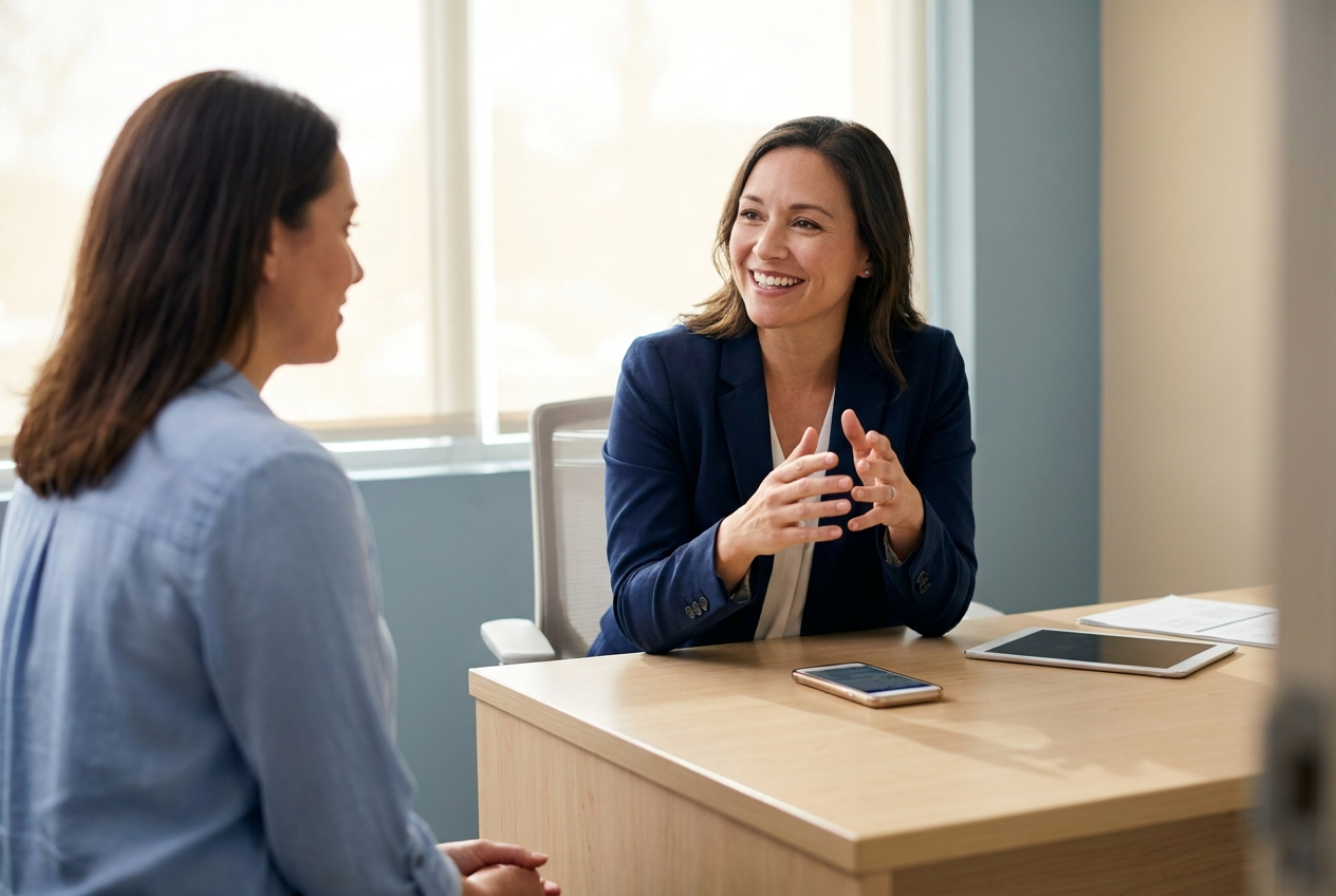 A clinician meeting with a patient in a bright, modern office