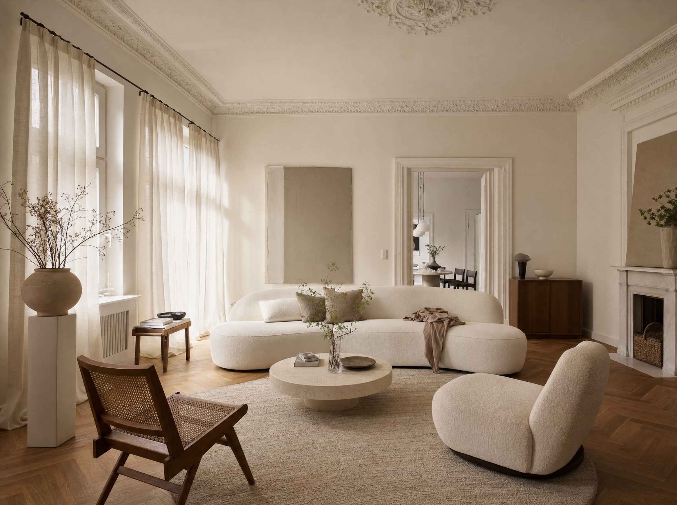Wohnzimmer nach der Neugestaltung — hell, warm, natürliche Materialien