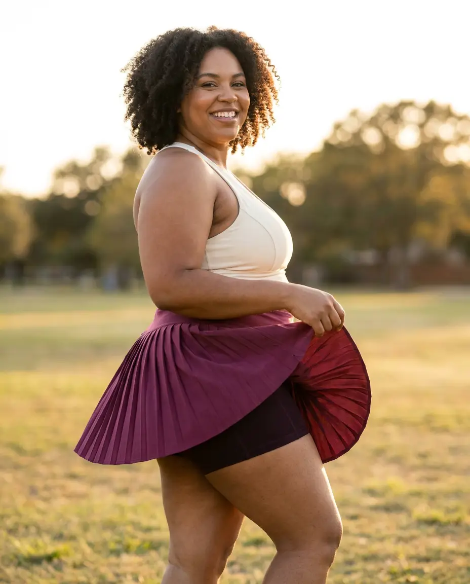 Plus-size woman mid-twirl in the Plum Wine skort, no ride-up
