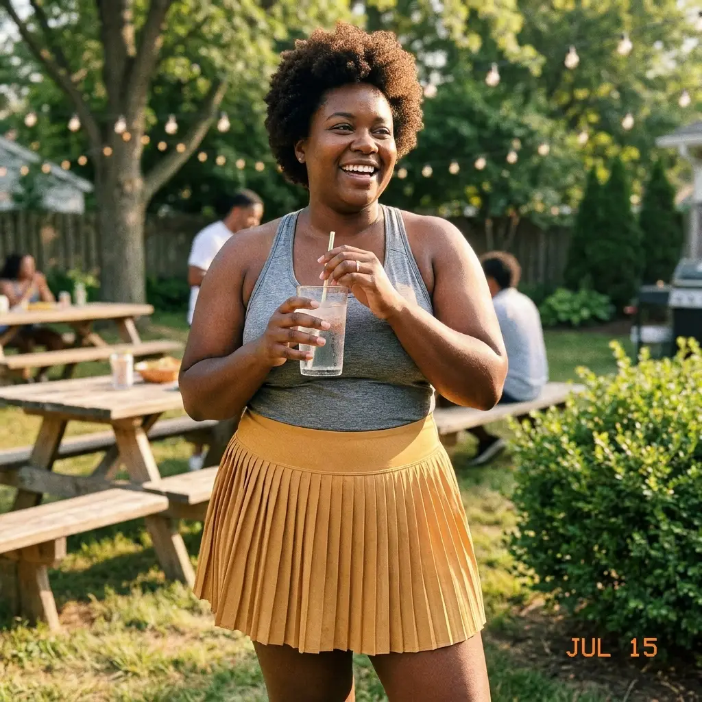Wear-tester at a BBQ in the golden skort