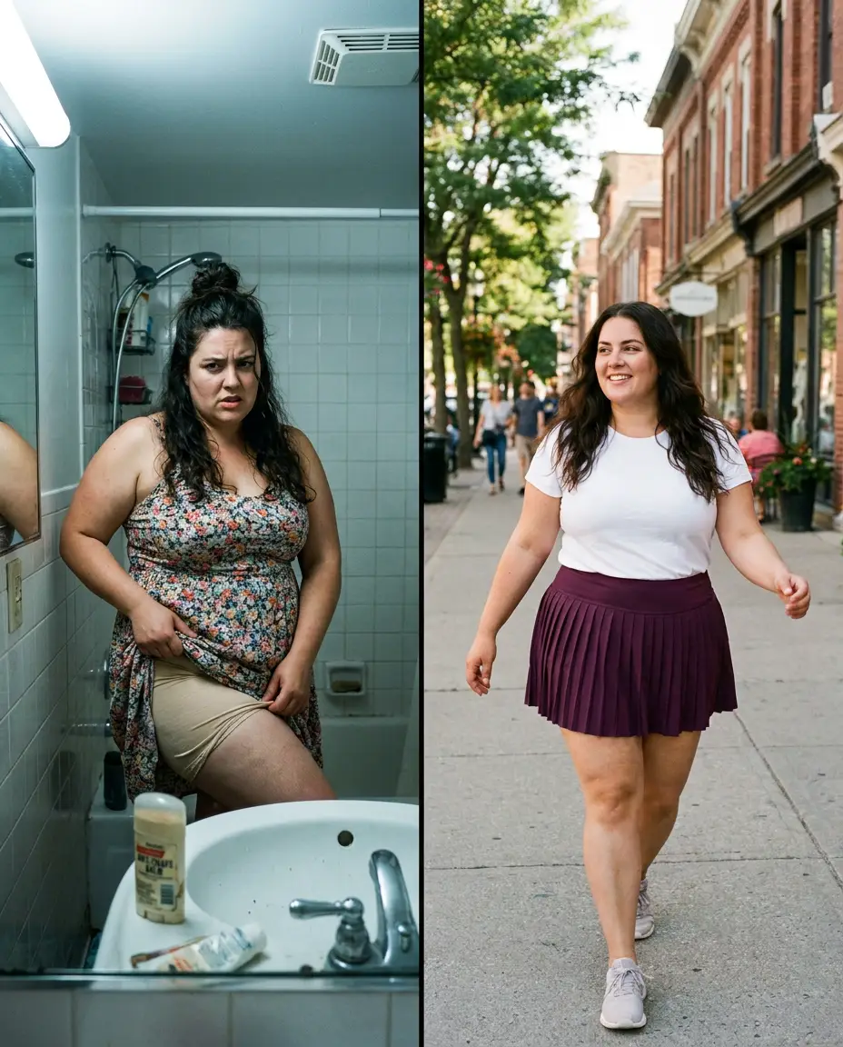 Split view: noon the old way vs. noon in a Lushforms skort