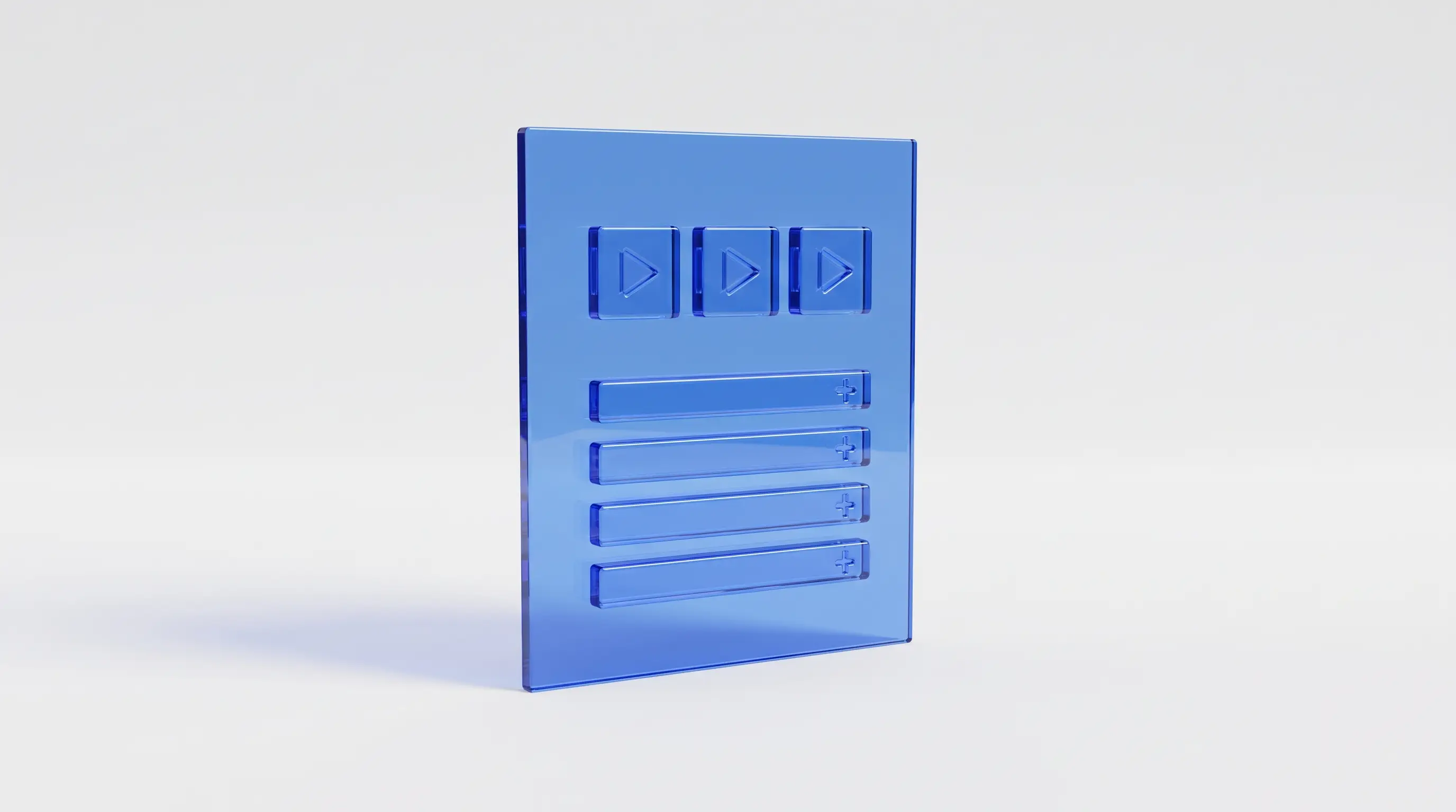 An upright sheet of translucent blue glass on a soft white background, with three small glass play-button tiles across the top and four collapsed glass bars beneath them, each ending in a plus sign