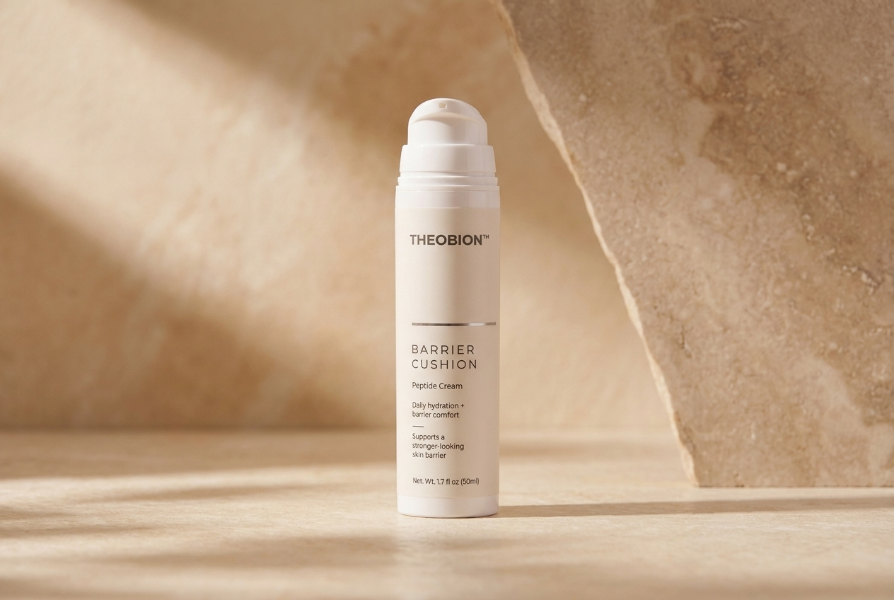 Theobion Barrier Cushion Peptide Cream airless pump bottle on a stone and cream background