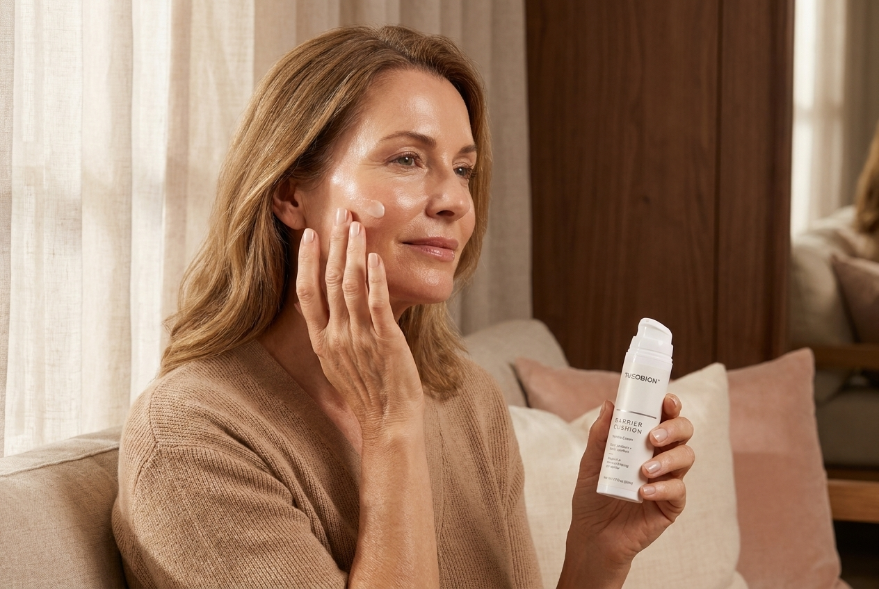 Woman applying Theobion Barrier Cushion Peptide Cream to her cheek