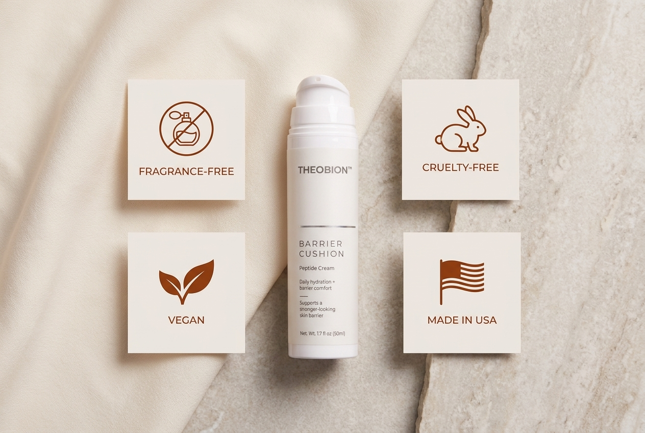 Theobion Barrier Cushion Peptide Cream flat lay with fragrance-free, cruelty-free, vegan, and made in USA icons