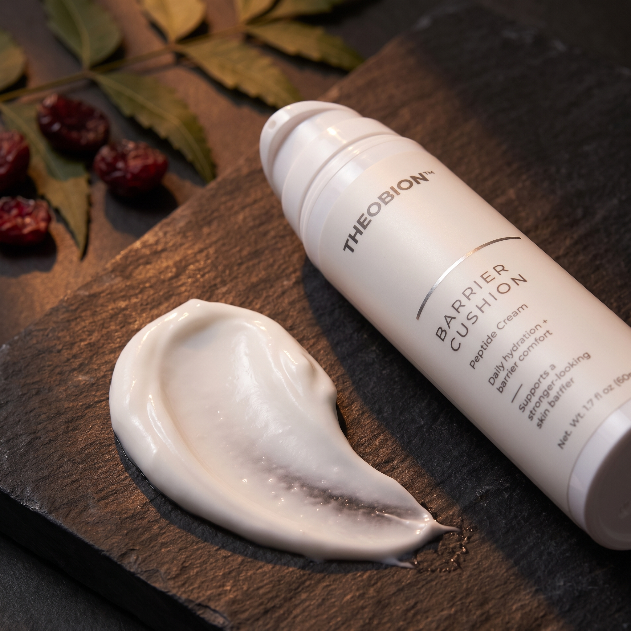 Theobion Barrier Cushion Peptide Cream texture and bottle