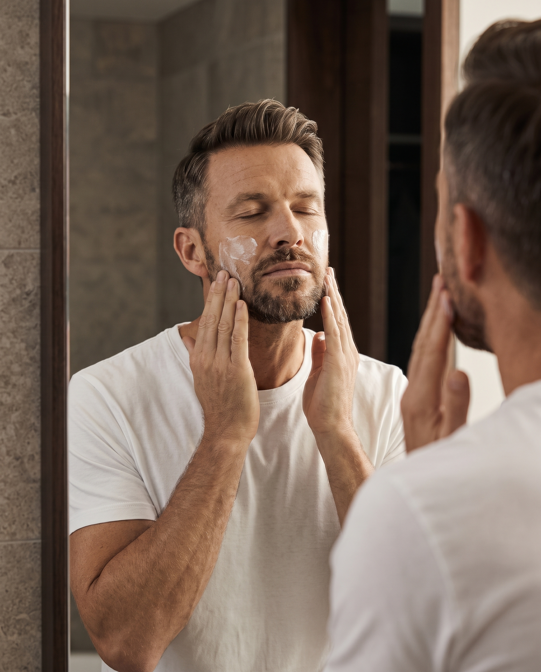 Man massaging cream into his face