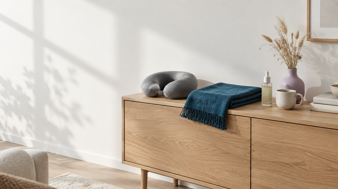 Helles Wohnzimmer mit Nackenkissen, Leinendecke und Pflegeprodukten auf einem Sideboard