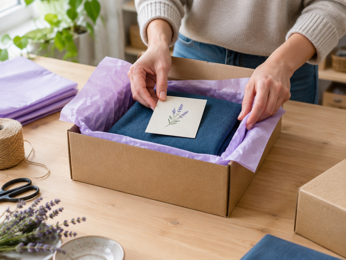 Hände verpacken eine Bestellung liebevoll in einen Karton