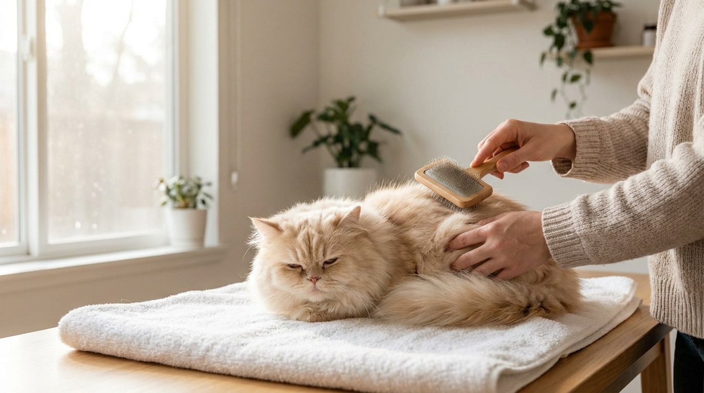Groomer brushing a long-haired cat