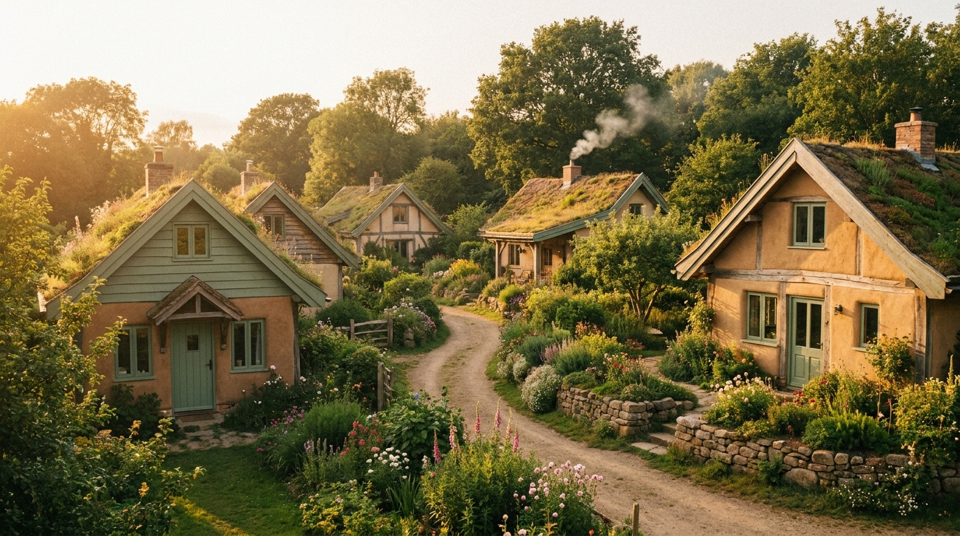 A cluster of cottages in a Wellness Village, surrounded by gardens and trees