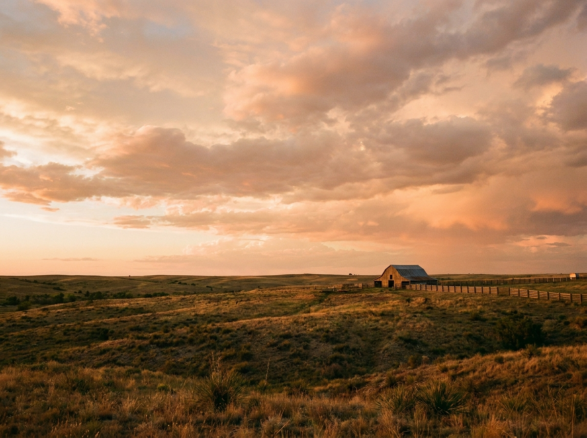 Wide open Texas ranch landscape at golden hour