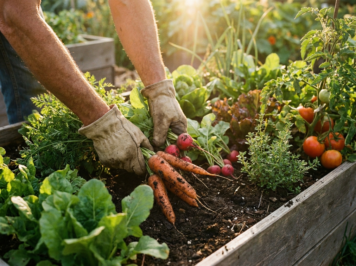 Hands tending a vegetable garden