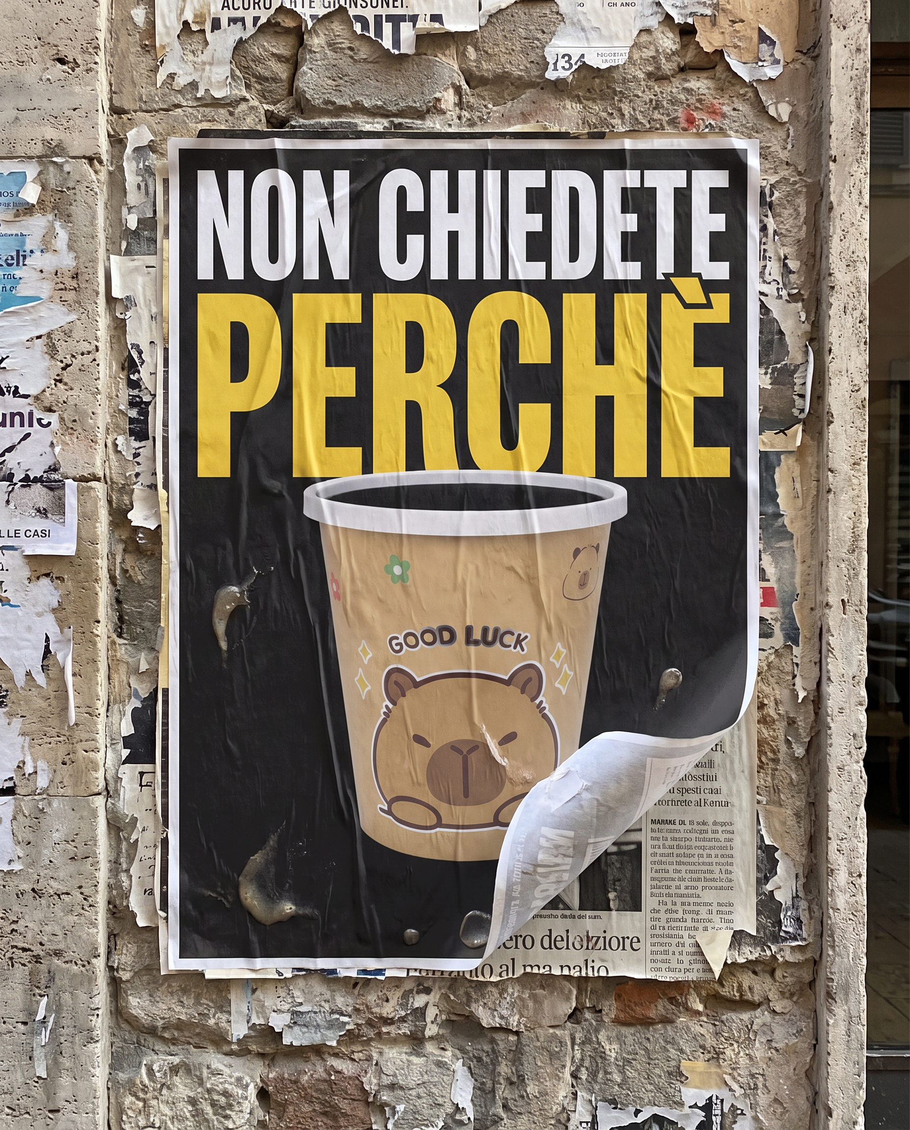 Willy Be Smart formato voce di riferimento: manifesto affisso a muro, carta strappata, titolo condensato bianco e giallo su fondo nero