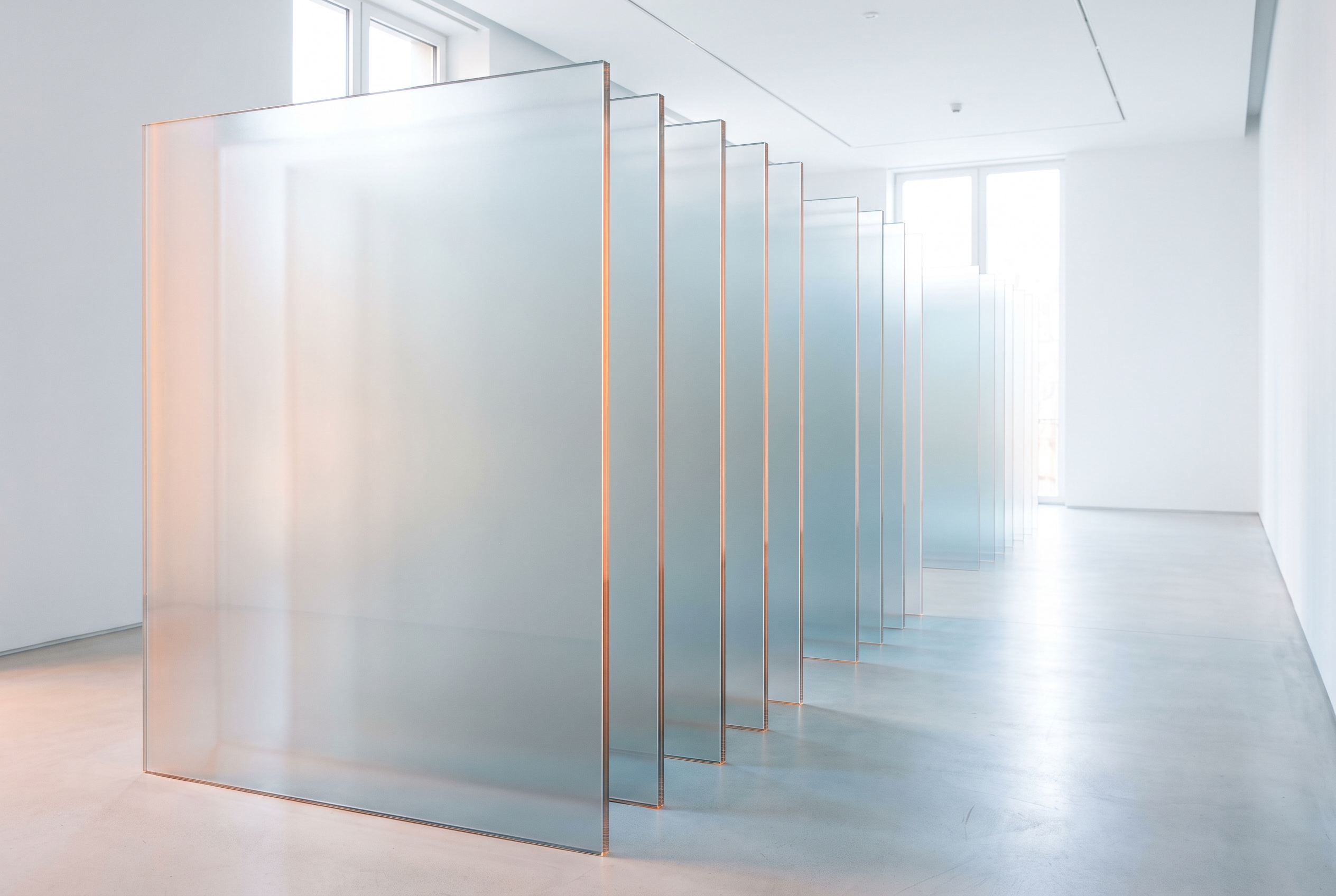 Layered translucent glass planes standing parallel in a bright gallery, edges catching warm light