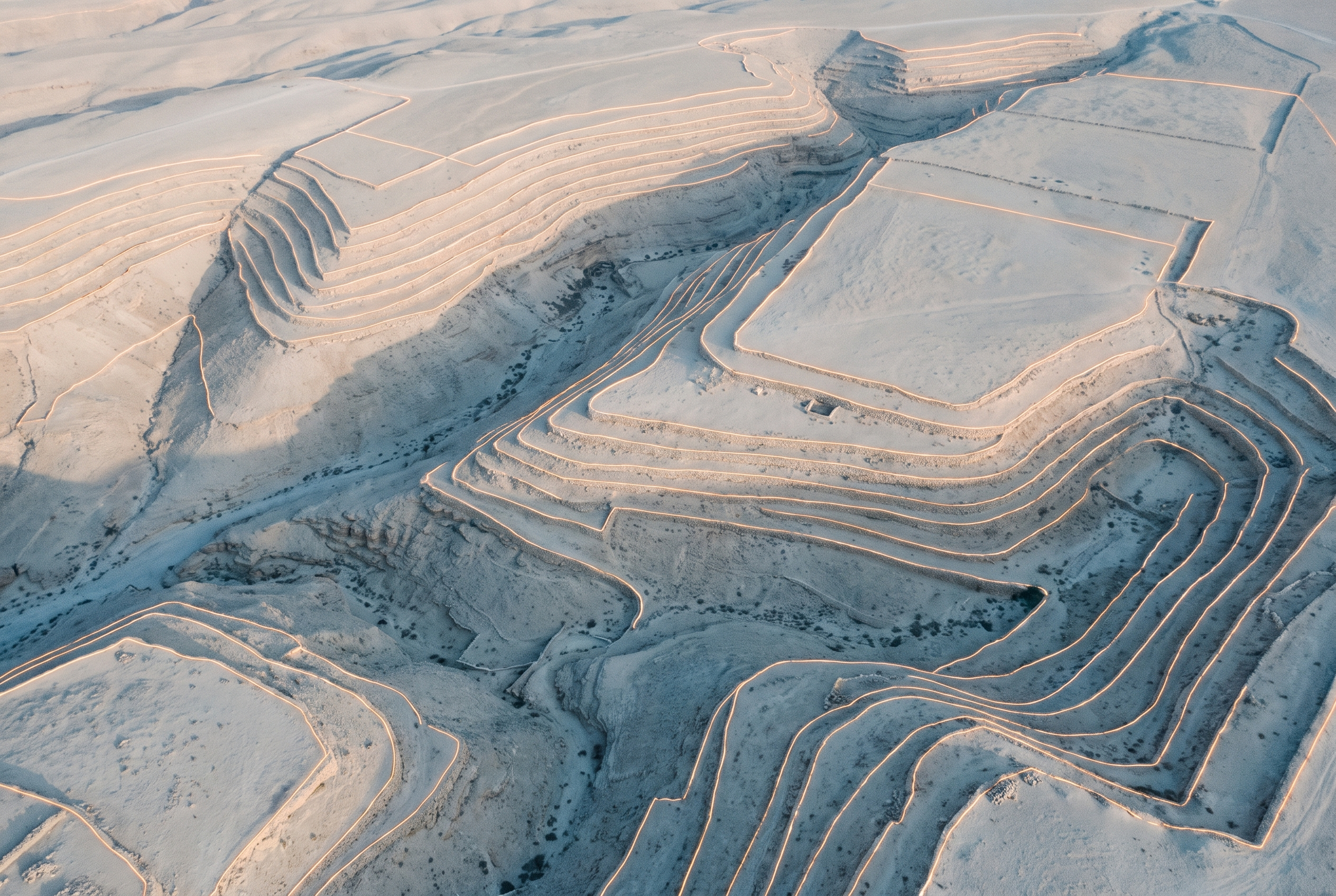 Aerial view of a terraced desert landscape with thin glowing contour lines