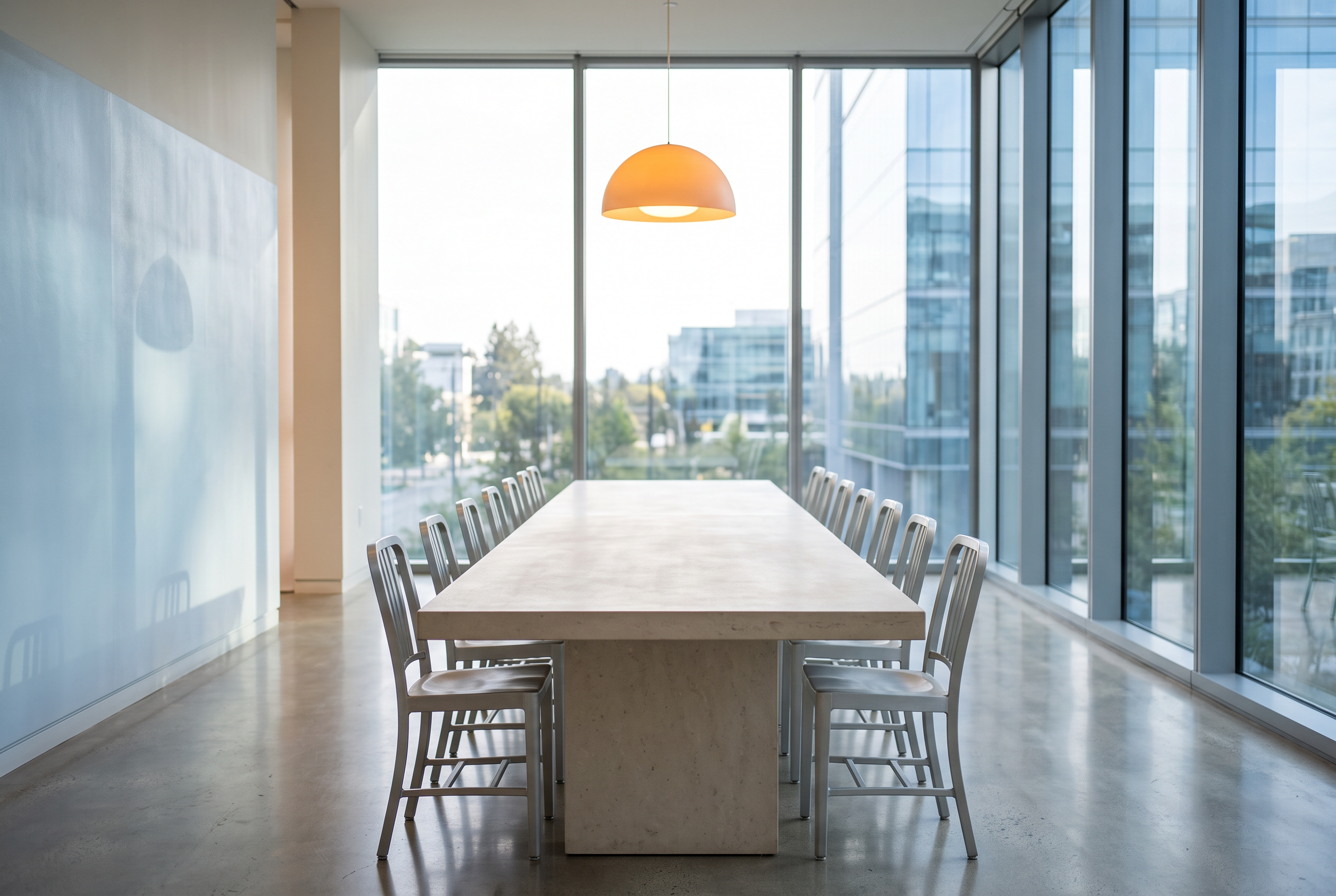 A bright empty meeting room with a long pale stone table and a single warm pendant light