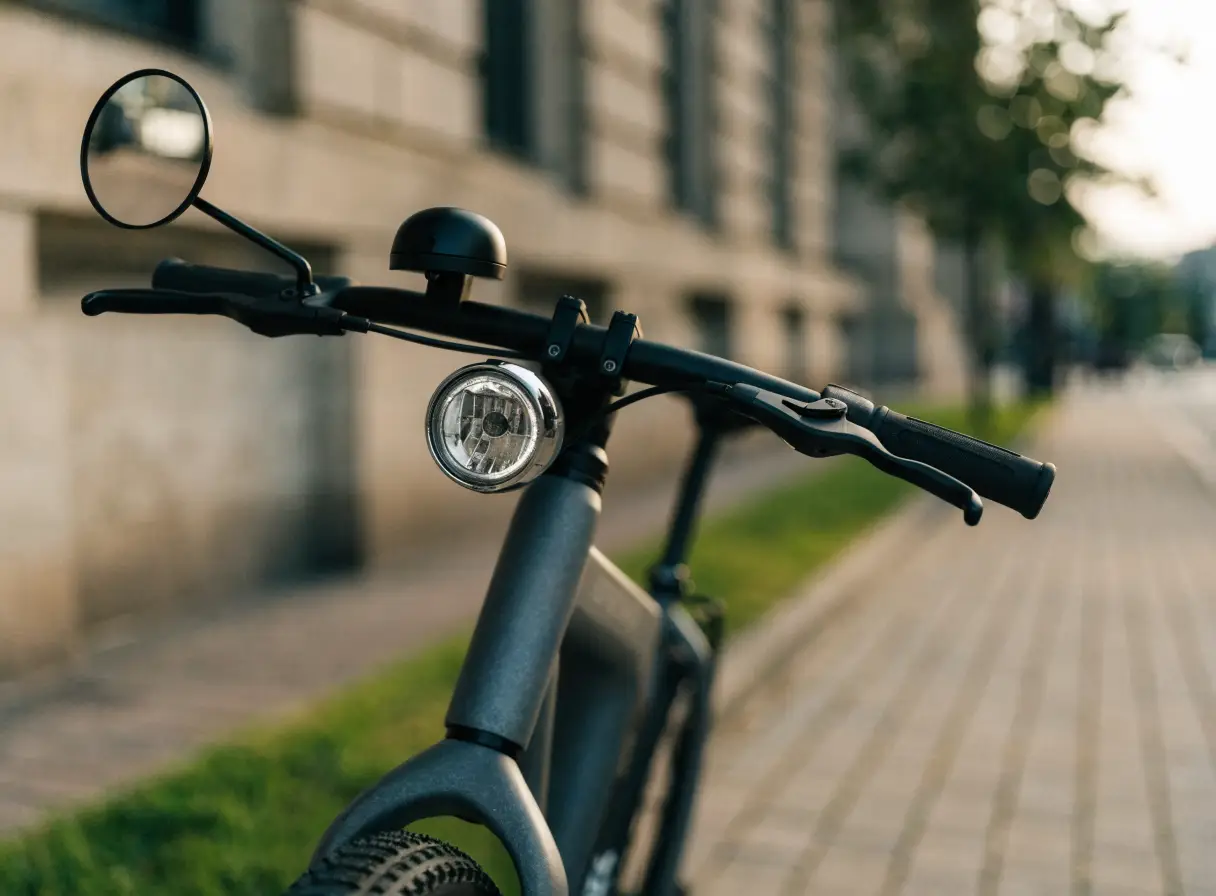 Bicicleta elétrica com retrovisor esquerdo, campainha e farol dianteiro, os equipamentos de segurança exigidos pela Resolução 996 do CONTRAN