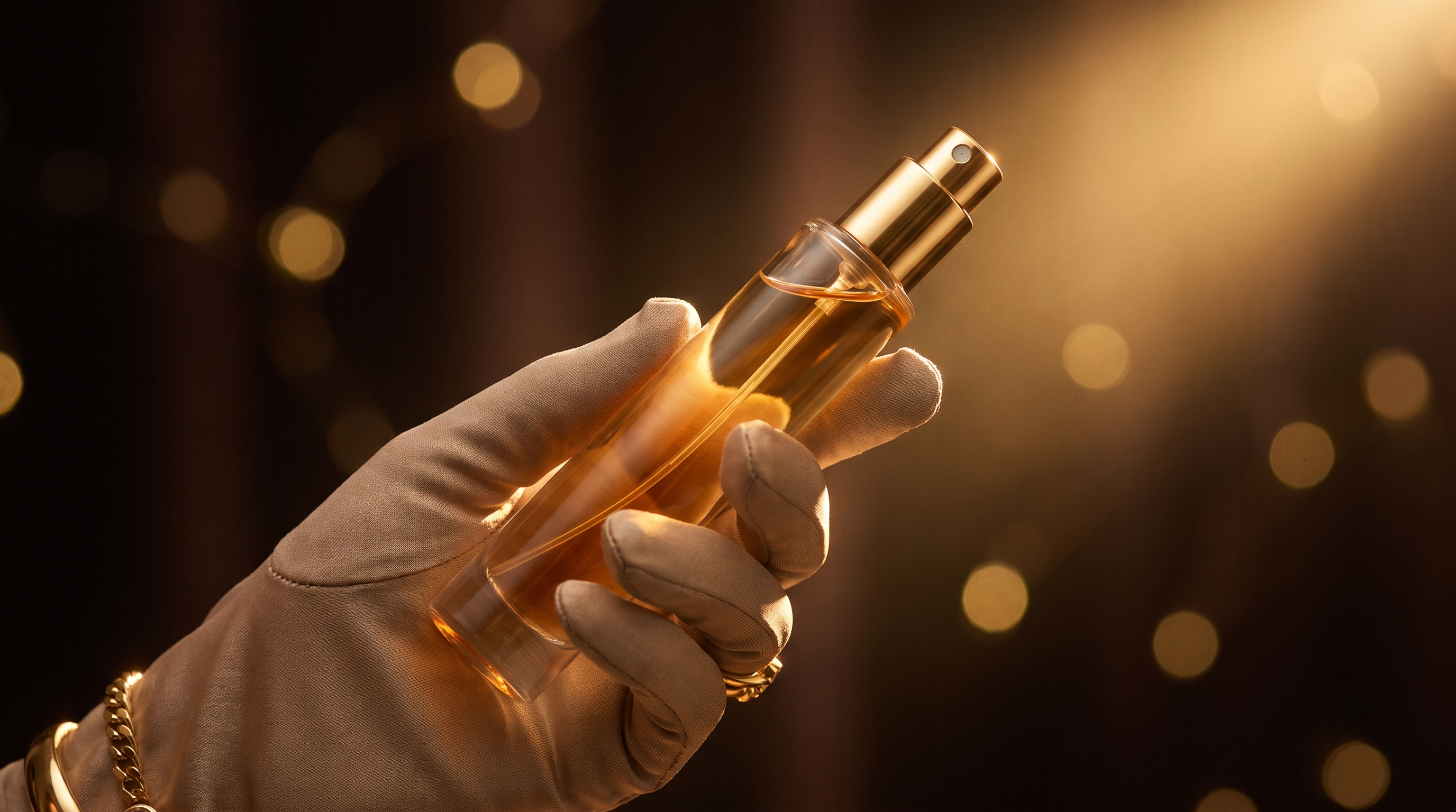 Hand holding a slim glass fragrance decant vial with gold atomiser catching soft light — authentic fragrance decants Australia by Fragrance ADDX
